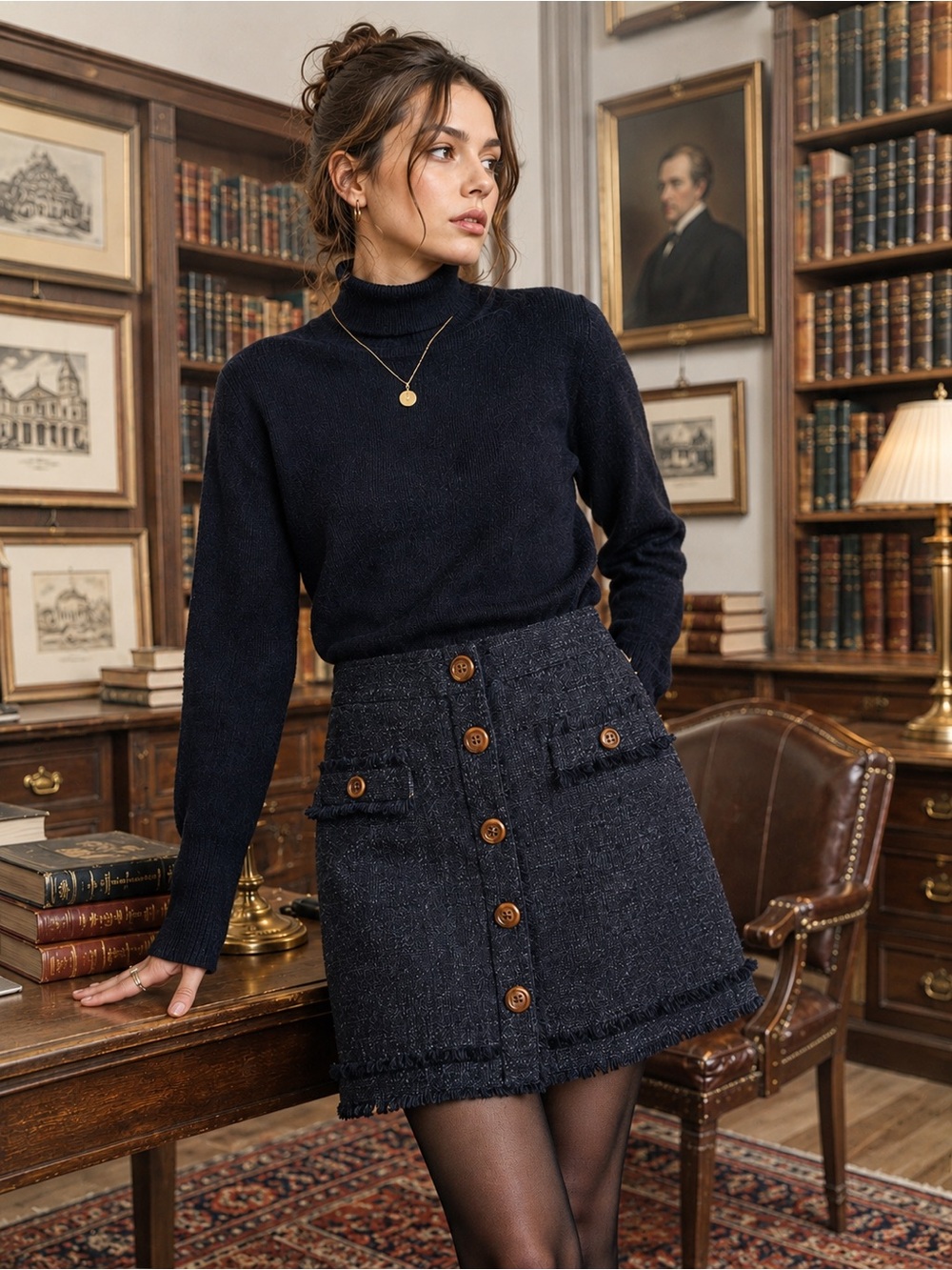 Ann Taylor Navy Blue Tweed Fringe Mini Skirt Size 4 Brown Button Front Lined‎